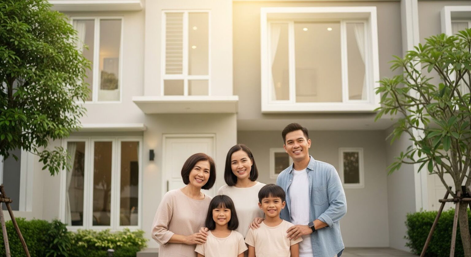 Sekeluarga besar sedang berdiri di depan rumah impian mereka